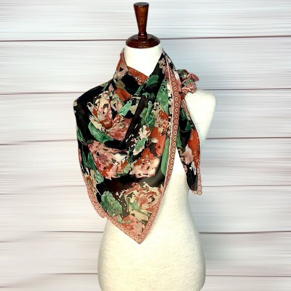 Large Silk (?) Chiffon Square Scarf Floral Print Hand Rolled 40x40” - Picture 3 of 11